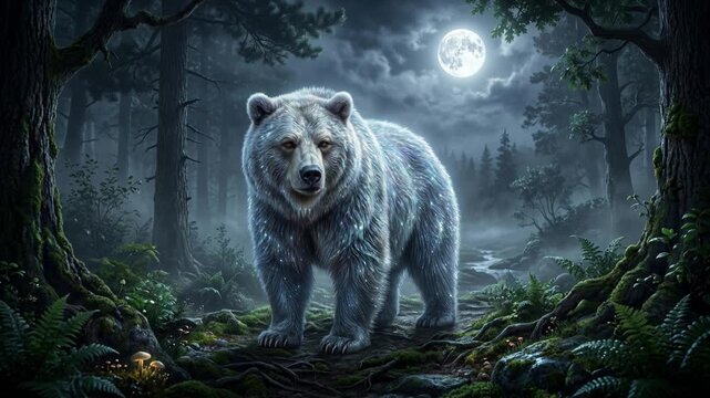 Nighttime forest animation featuring a majestic bear under a full moon, detailed wildlife scene with dense trees, mystical atmosphere from ground-level viewpoint