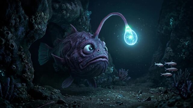 Animation of deep-sea anglerfish hunting in dark ocean environment underwater with glowing lure and rocky seafloor viewpoint