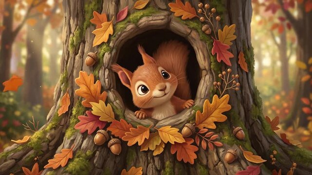Charming animation of curious squirrel peeking from hollow tree in autumn forest, nature environment, close-up viewpoint with vibrant fall leaves