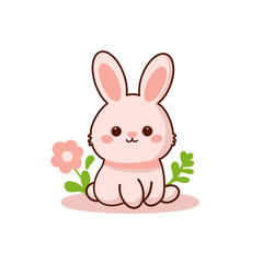 Fototapeta premium Cute pink Easter bunny character sitting with spring flowers, kawaii rabbit clipart isolated on transparent background