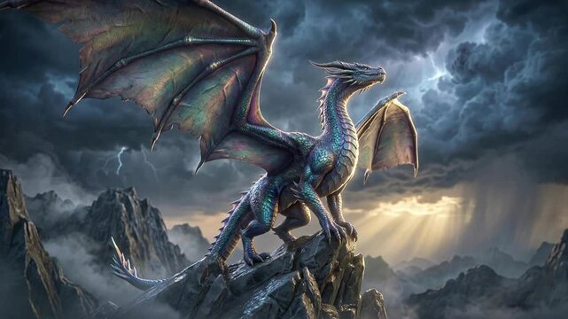 Epic battle scene with fierce dragon animation perched on rocky mountain peak under stormy sky, fantasy creature in dramatic landscape viewpoint