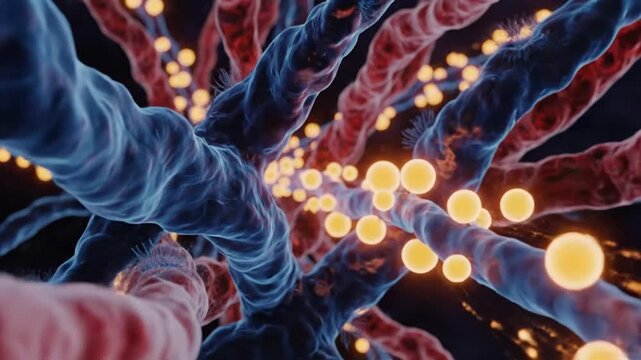 Abstract microscopic view of intertwined red and blue cellular structures with glowing particles