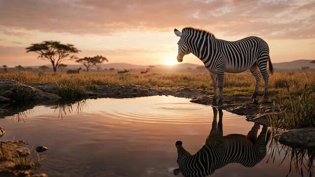 Sunset Animation Featuring Zebra by Water Reflection in African Savannah Landscape, Wildlife Nature Scene, Serene Environment, Wildlife Animation View
