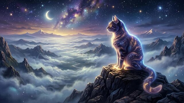 Animation of a Cat Sitting on Rocky Mountain Peak at Night Under Starry Sky and Crescent Moon Surrounded by Mist and Distant Mountain Range