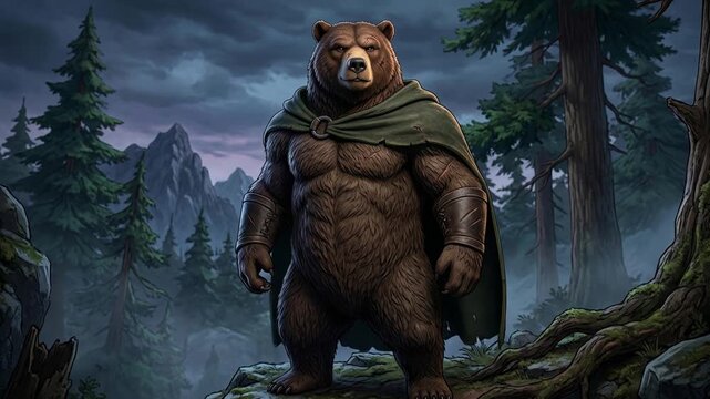 Animation of Strong Bear Warrior Standing Guard in Mystical Forest Landscape, Epic Viewpoint Showcasing Nature and Fantasy Environment