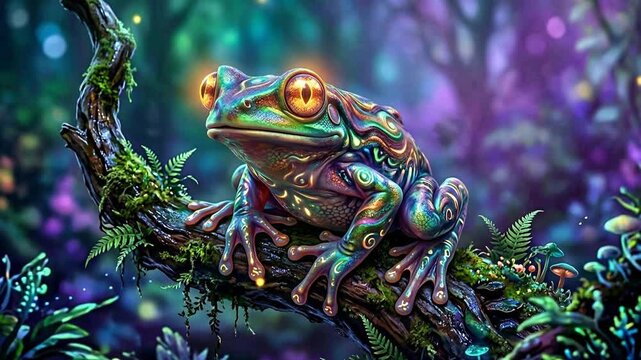 Vibrant animation of colorful frog perched on mossy branch in mystical forest environment, close-up view showcasing detailed amphibian and natural habitat