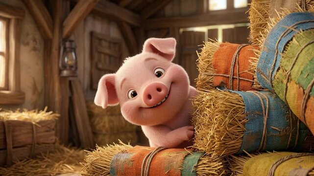 Animated piglet smiling in a cozy rustic barn surrounded by hay bales, warm farm environment, 3D animation, close-up viewpoint, joyful countryside scene