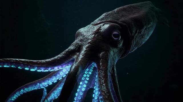 Underwater animation of a glowing squid in deep ocean environment, detailed marine creature, dark aquatic habitat, close-up 3D view, digital art