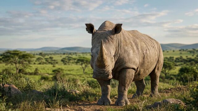 Wild rhinoceros standing in African savanna during daylight, wildlife animation, nature environment, scenic viewpoint showcasing animal habitat