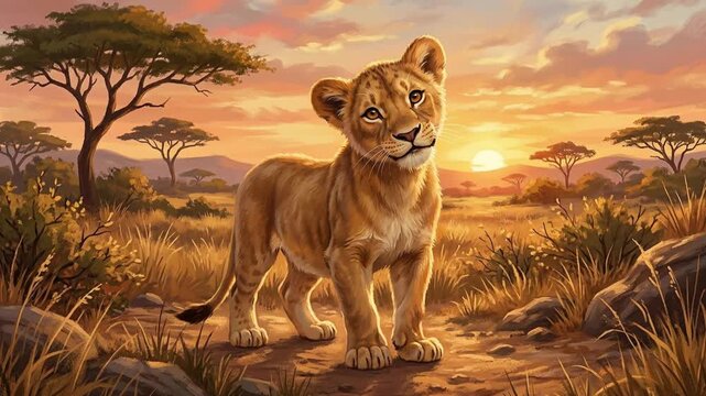 Sunset Animation Featuring a Young Lion Cub Exploring African Savannah, Wildlife Illustration, Nature Environment, Ground-Level Viewpoint