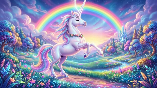 Magical unicorn animation prancing in vibrant fantasy forest with rainbow, colorful flowers, and mystical river, enchanting nature landscape from magical viewpoint