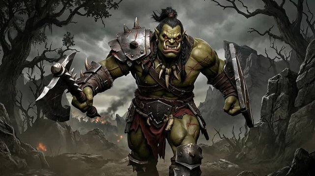Orc warrior animation charging with axe and sword in dark haunted forest fantasy battle scene digital illustration top-down view