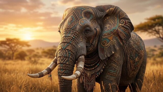 Majestic African Elephant with Intricate Patterns in Sunset Savannah, Wildlife Animation, Natural Environment, Front View Capturing Beauty and Culture