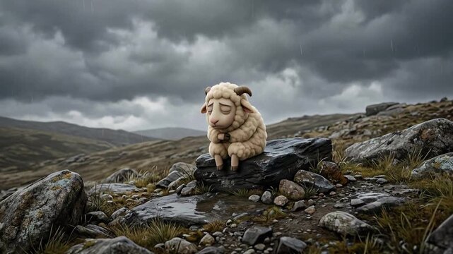 Animation of a woolly lamb figurine sitting on rocky terrain under cloudy skies in a remote mountainous landscape, outdoor natural environment, close-up view
