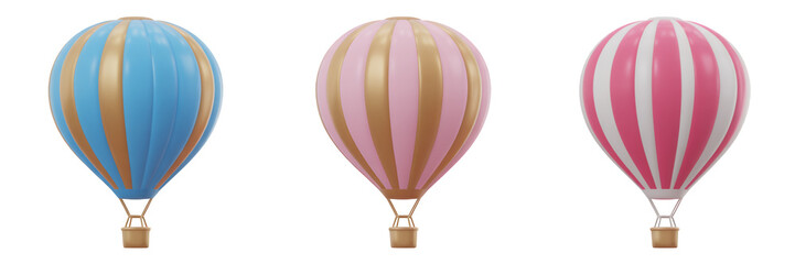 Fototapeta premium Shiny hot air balloons in blue, pink, and red on black shiny balloons isolated on a transparent background