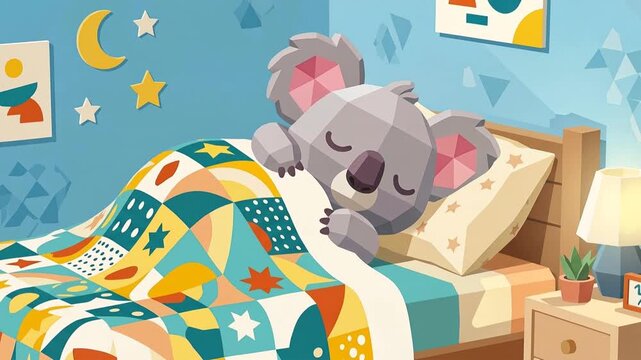 Sleeping Koala Animation in Cozy Child's Bedroom with Patchwork Quilt and Soft Lighting, Illustration View of Calm Nighttime Environment