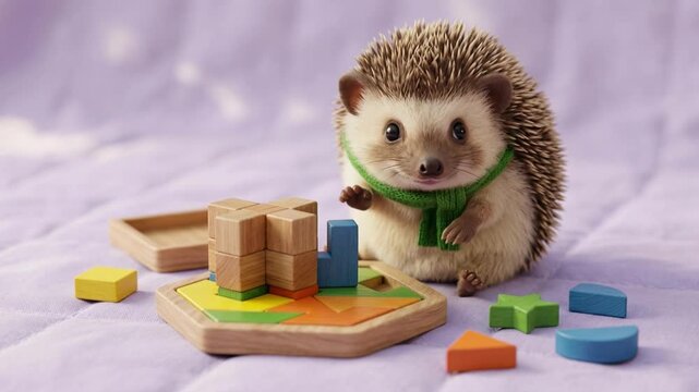 Cute hedgehog playing with wooden shapes puzzle toy animation, indoor setting, close-up view capturing playful and educational concept