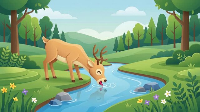 Animation of deer drinking water by river in lush green forest landscape, nature scene with trees and flowers, peaceful wildlife viewpoint