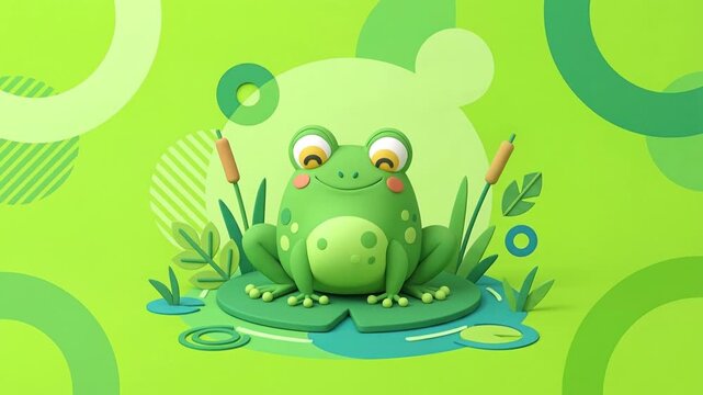 Cute animated frog sitting on lily pad in vibrant green pond scene, nature illustration with playful animation and whimsical environment from top view
