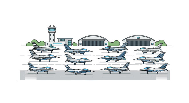 An air force base with an air traffic control tower, two hangars, and fifteen fighter jets parked on the tarmac is illustrated.