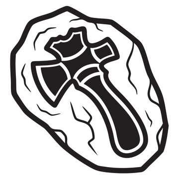 An illustration depicts a prehistoric tool fossil outline on a rock.