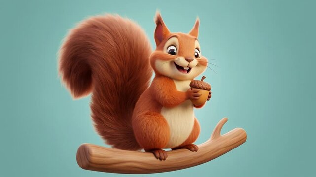 Animated squirrel holding acorn on wooden branch in 3D animation, cute forest animal character viewed frontally in simple studio environment