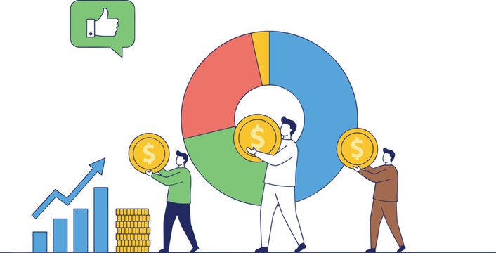 Investors holding gold coins standing in front of large pie chart and growth graph for financial success and profit.