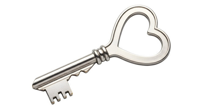 Silver heart shaped key isolated on transparent background for love and relationship concepts