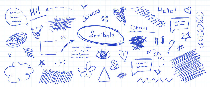 Scribble doodle set on notebook paper. Hand drawn blue ink elements for design. Speech bubbles, arrows, hearts and shapes. Vector illustration for creative projects.