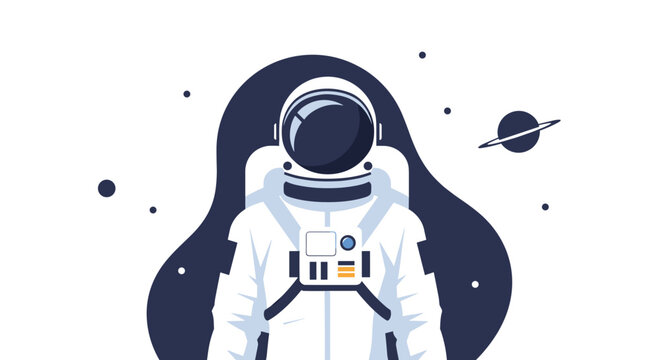 An astronaut in a white spacesuit stands against a dark blue cosmic shape with stars and a ringed planet on a white background.