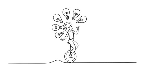 A person riding a unicycle while skillfully juggling multiple glowing lightbulbs in the air as a metaphor for creative balance and innovation in daily life and business strategy where the continuous m © Pabon Art Gallery