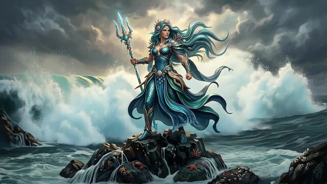 Powerful Sea Goddess Standing on Rocks in Stormy Ocean with Trident and Whales.