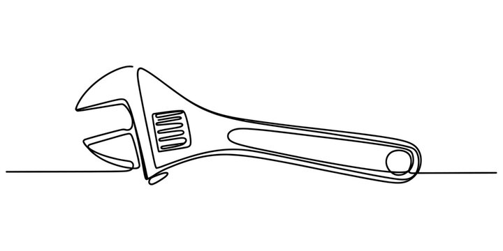 A single continuous line drawing of a classic hand tool used for tightening or loosening various nuts and bolts found in mechanical repairs and construction projects where precision and torque are ess