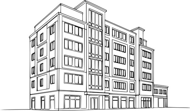 Multi- storey apartment building, office center or industrial building in continuous line art drawing style. Black linear sketch isolated on white background. Vector illustration See Less
