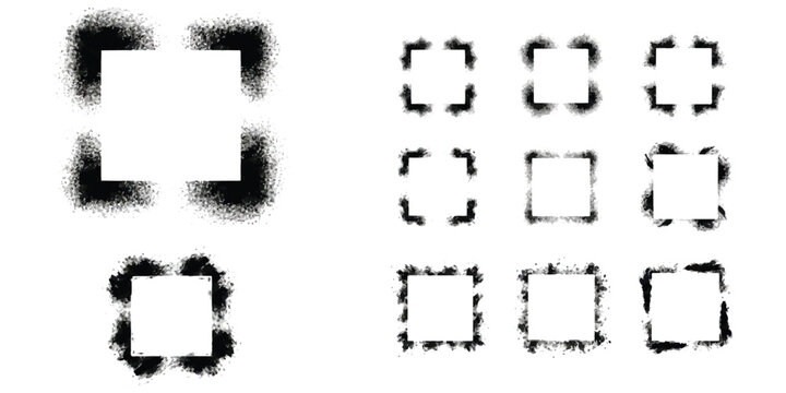 A collection of various black ink splatter square frames isolated on a plain white background set Vector, illustration