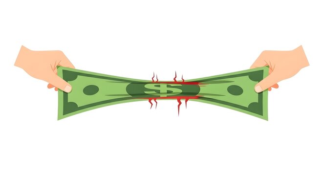 Financial Strain - Money Being Torn isolated on white background