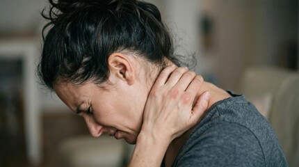 Fototapeta premium Woman Suffering from Acute Neck Pain and Discomfort, Massaging Her Sore Muscles Due to Stress or Injury