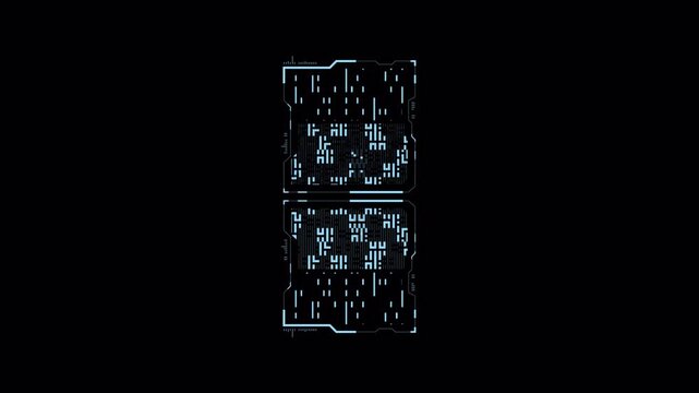 Futuristic digital circuit board interface with glowing blue microchip layout, technology background, electronic system design, cyber hardware data network visualization