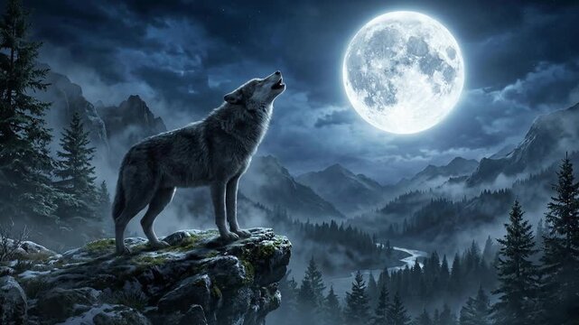 Wolf howling at full moon on mountain cliff at night.