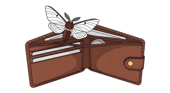 Empty wallet with moth isolated on white background