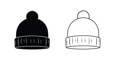 Fototapeta premium Two winter hats displayed a black fill and a white outline silhouette
