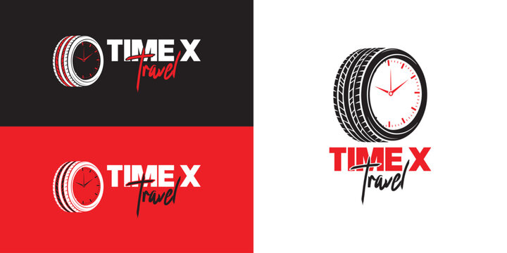 Creative and modern logo design featuring a unique combination of a tire and clock, symbolizing speed, time, and travel. Designed with a bold red, black, and white color palette, this logo is ideal fo