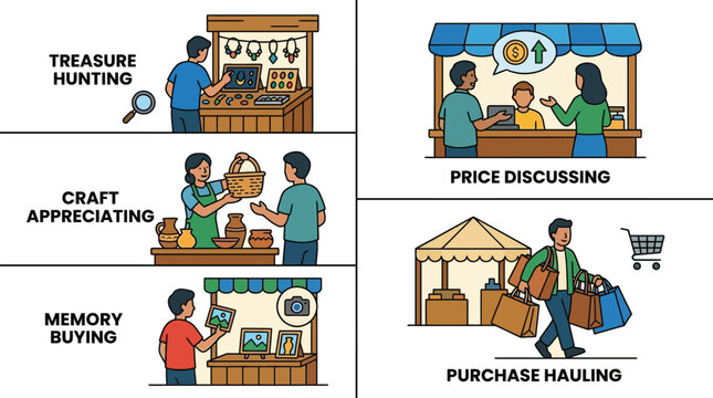 A four-panel illustration depicts various stages of engaging with a flea market, including treasure hunting and purchase hauling.
