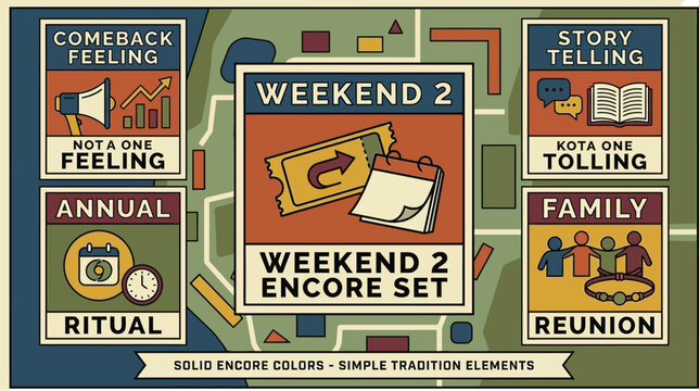 Graphic map design highlights elements for a 'Weekend 2 Encore Set' event, featuring tickets, calendars, and community gathering concepts.