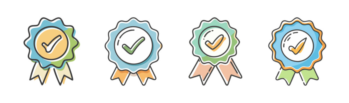 Set of four colorful completion badges with checkmarks and ribbons, vector icons.