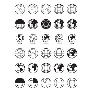 Globe Earth Icons Set, World Map Grid Sphere Outline Vector Collection