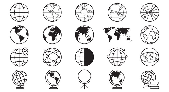 Globe and World Map Icons Set, Earth Grid Geography Outline Vector Collection