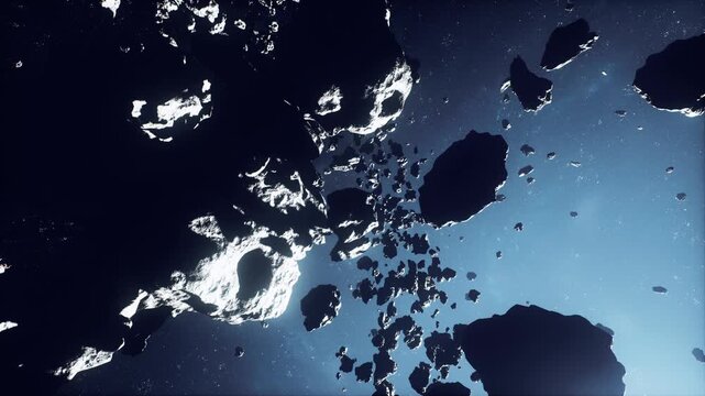 stark asteroid silhouettes against blinding star and deep void, dramatic glare outlines jagged rock, highcontrast scene evokes isolation, menace and cinematic
