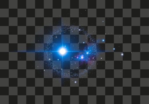 Luminous digital graphic element with bright blue light flare and shimmering particles for overlay designs