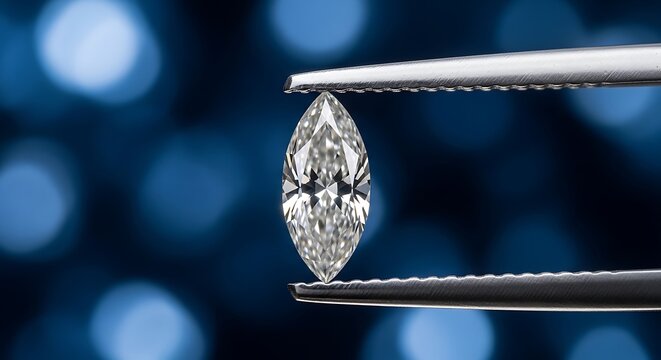 A marquise-cut diamond held by tweezers against a blurred, dark blue background